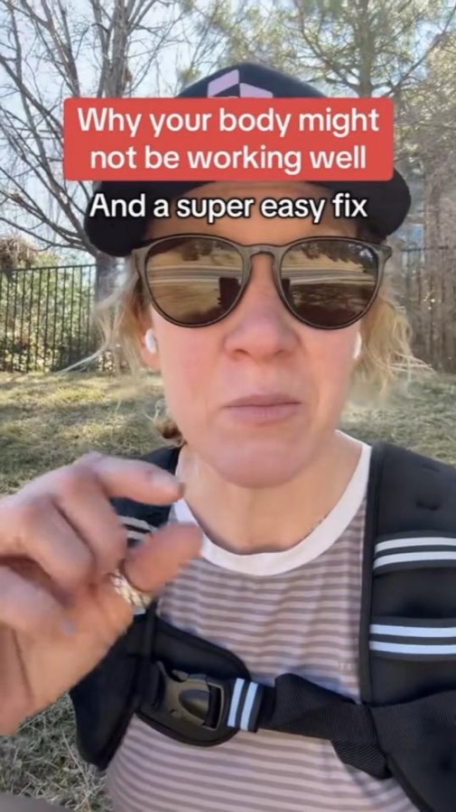 Heather outdoors in sunglasses under the text Why your body might not be working well, and a super easy fix