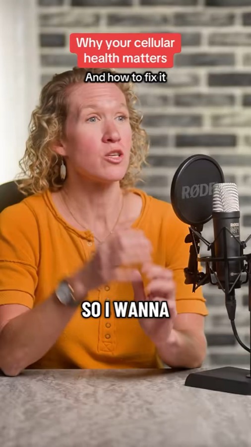 Heather at a studio podcast microphone under the title Why your cellular health matters, and how to fix it