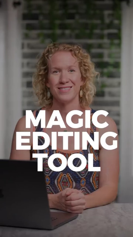 Heather smiling at a studio desk behind the title Magic editing tool