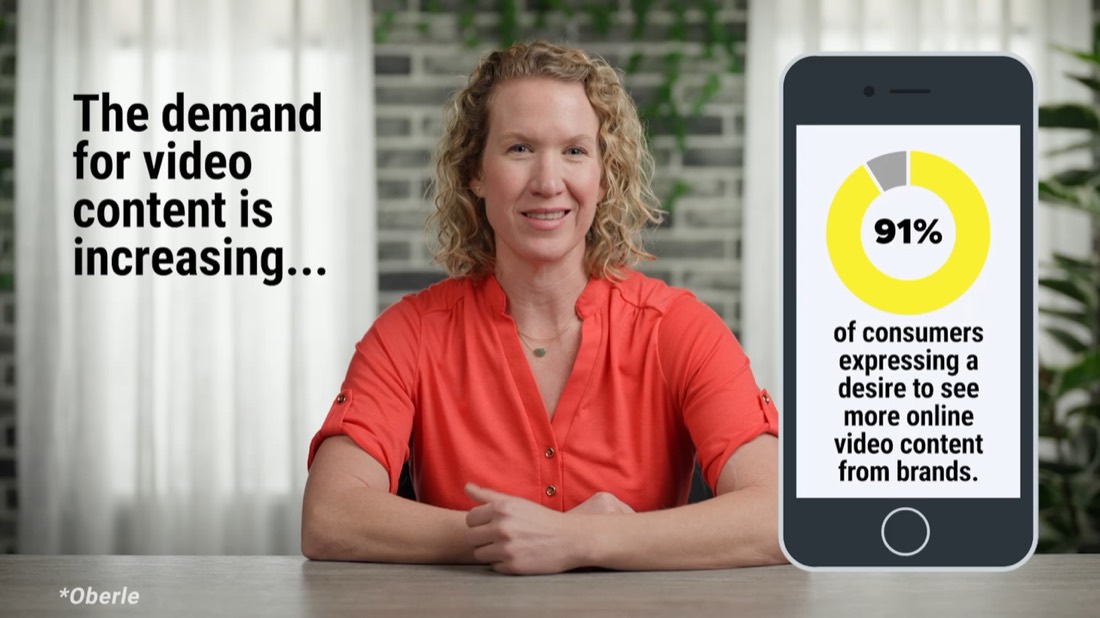 Heather smiling at a studio desk beside animated text and a phone graphic showing a 91 percent statistic
