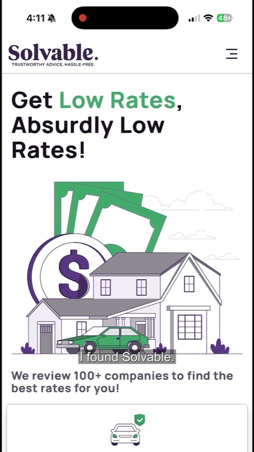 Phone screen showing the Solvable home page, Get low rates, absurdly low rates, with the caption I found Solvable